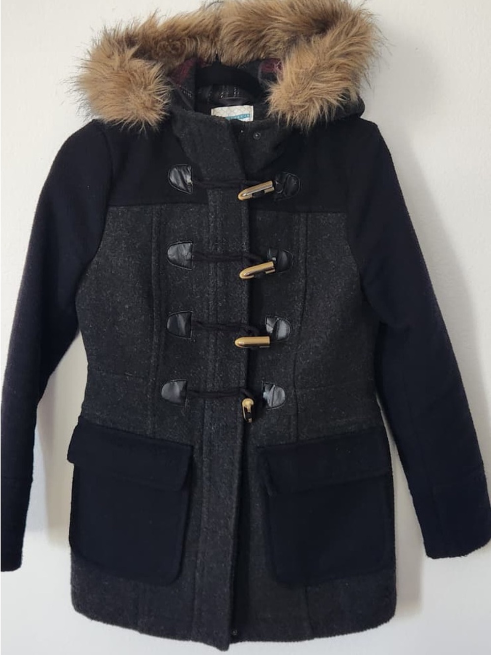 Pim + Larkin Dark Gray Wool Coat with Teal Label Detail